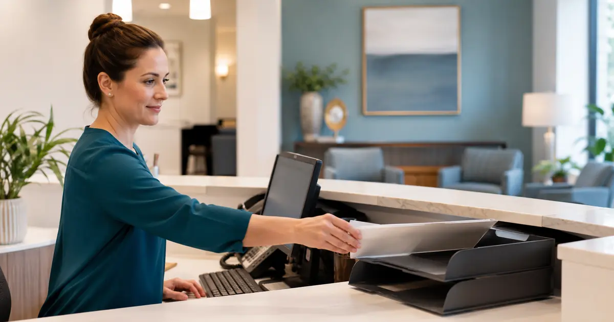 Front desk coordinator sends a concise appointment-request acknowledgment, then assigns the unconfirmed request to a scheduling owner for review.